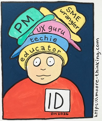 Cartoon of ID wearing many hats, one of which is labeled "PM"