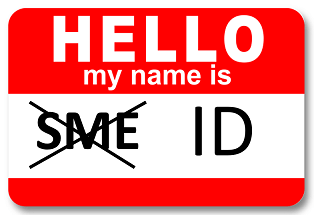 "Hello, my name is" badge with SME crossed out and replaced with ID.
